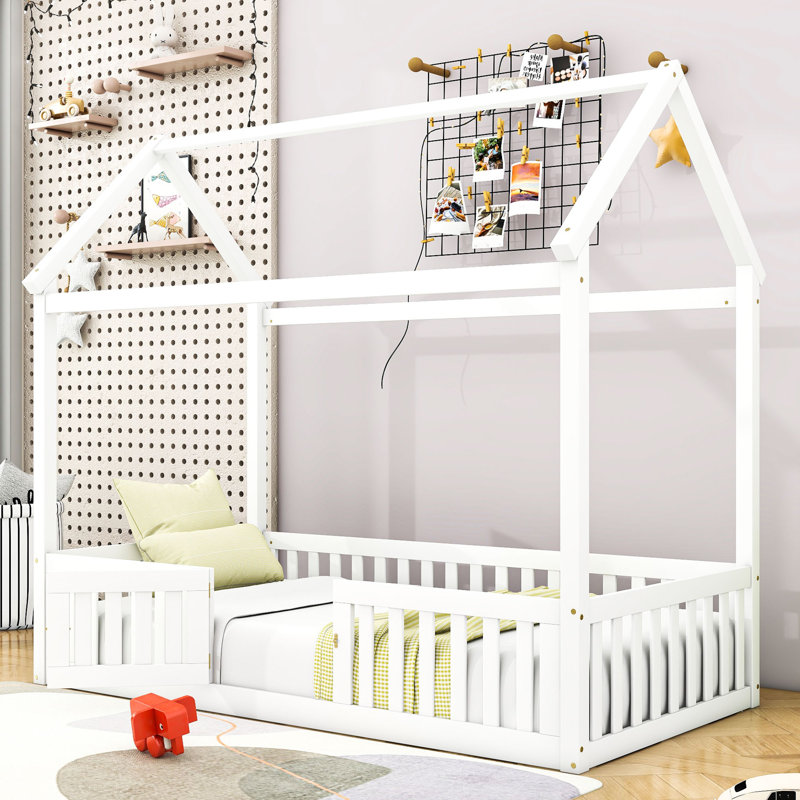 Isakson Wood House Bed with Fence and Door, Twin, White