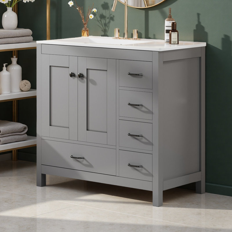 36" Bathroom Vanity Cabinet With Ceramic Top And 5 Drawers, Gray