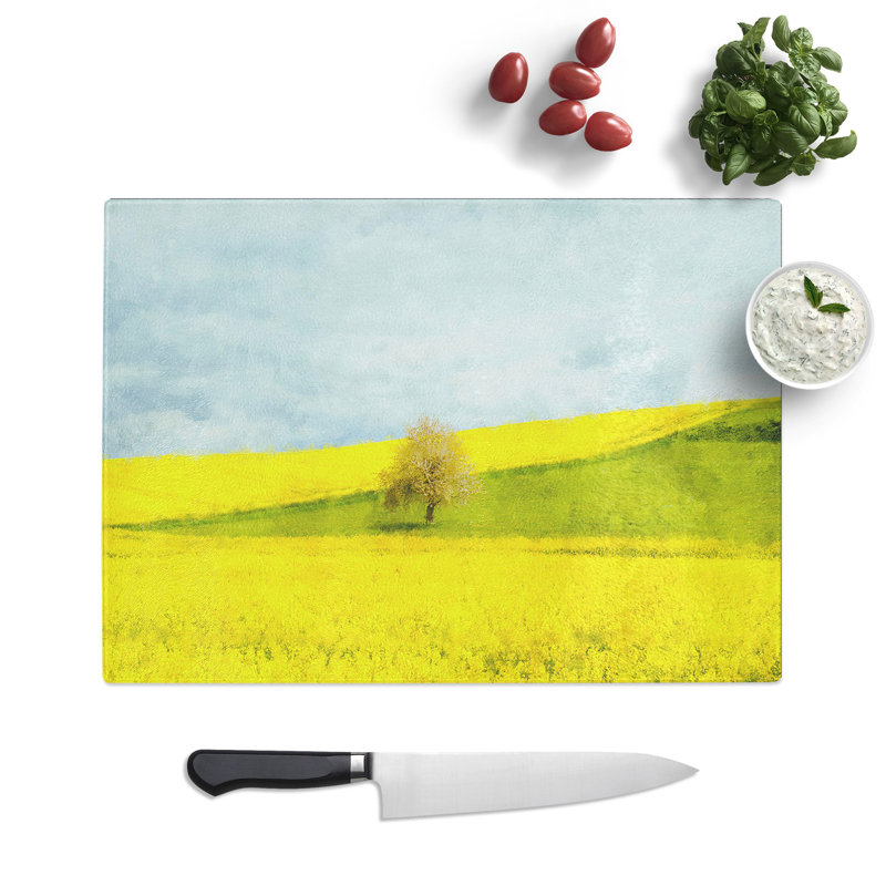 Tempered Glass Lone Tree in a Yellow Meadow Chopping Board, 20 cm x 28.5 cm