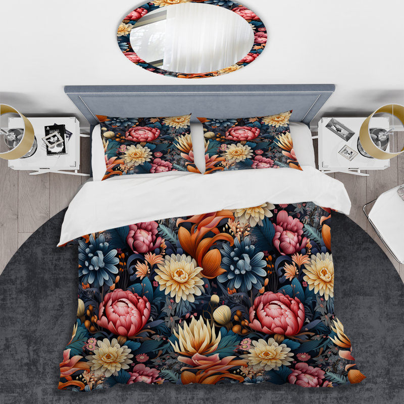 Ensemble de housse de couette éclectique à motif floral kaléidoscope rose et bleu éclectique