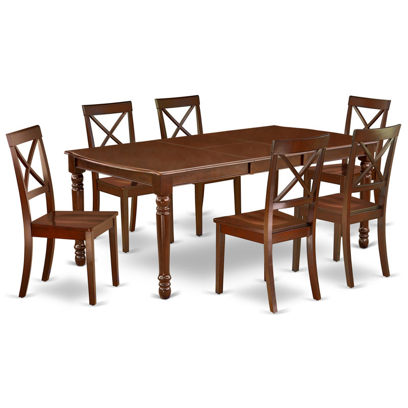 7 Piece Dining Room Table Set consists of a rectangular kitchen table with Butterfly Leaf and 6 Dining Chairs, Mahogany