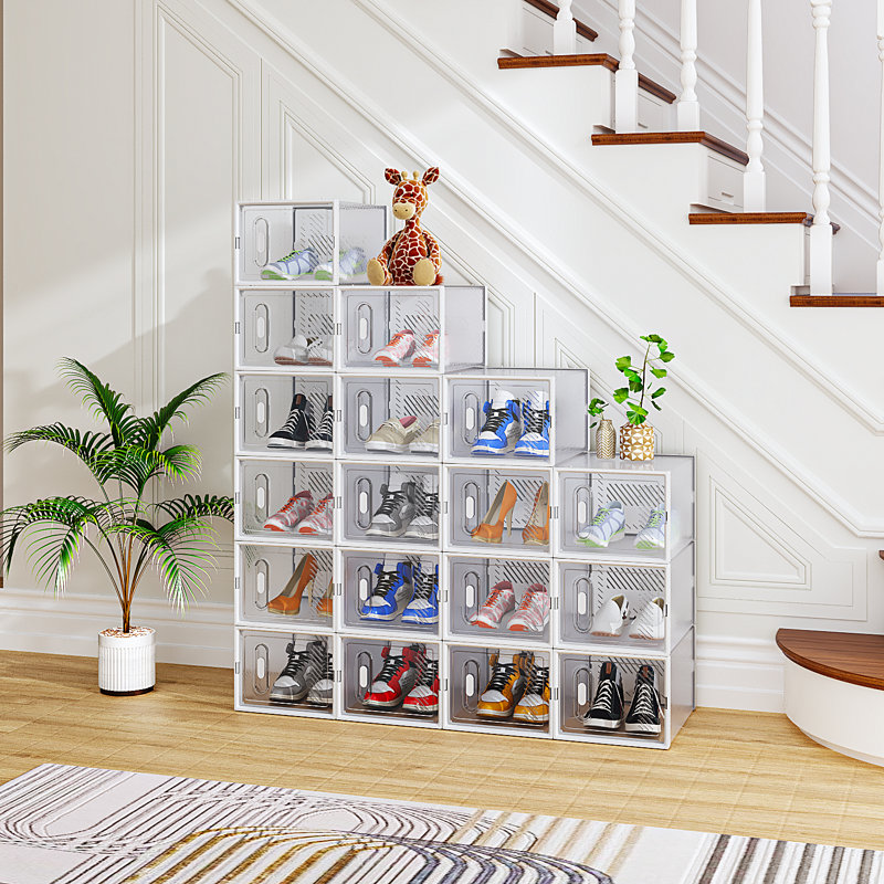 Rangement de chaussures moyen empilable (ensemble de 18), Transparent/blanc
