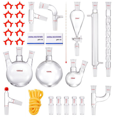 Trousse de distillation pour laboratoire, trousse de distillation pour verrerie de 3,3 po avec 24, 40 joints, trousse de distillation pour huile essentielle de 1000 ml, ensemble de 29 verres