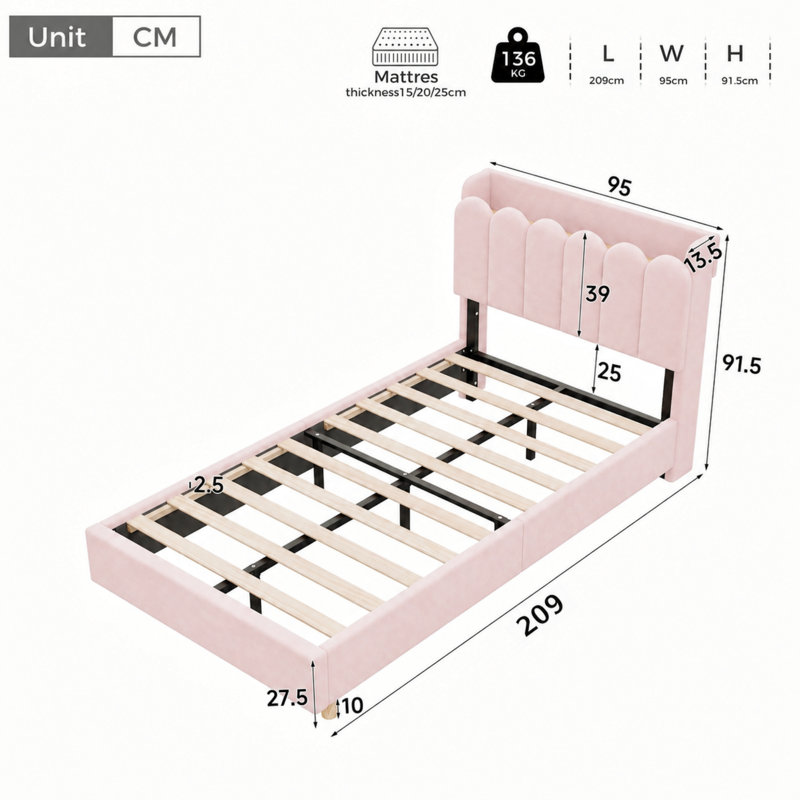 Upholstered Single (3') Velvet Bed, Pink