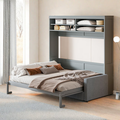Modern Murphy Bed With Upholstered Sofa And Storage Shelves
