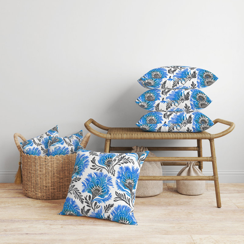 Coussin décoratif intérieur / extérieur Whimsical Wilds, Bleu / blanc, H 18 po x l 18 po