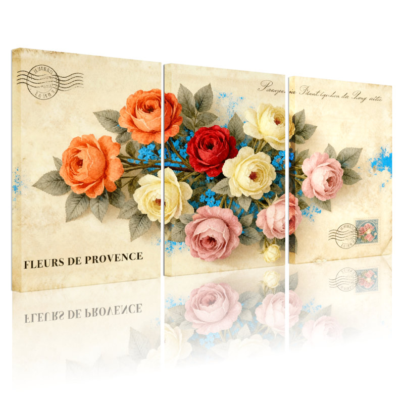 Fleurs roses de Provence, ensemble de 3 cartes postales rétro sur toile, H 24 po x l 48 po