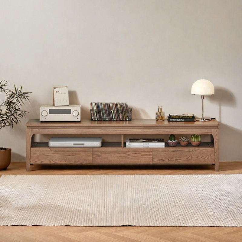Ash Wood TV Stand with Open Shelf and 3 Drawers, 17.71”H x 78.74”L x 17.71”W