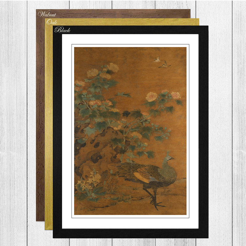 Oriental Peacock and Hollycock by Yao Tingmei - Framed Print, Walnut