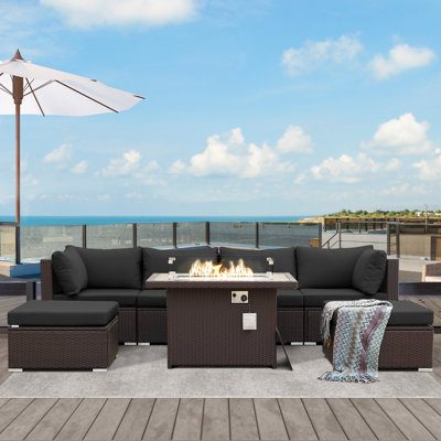 Mirisola 7-Piece Outdoor PE-Wicker Sectional Conversation Set with 43" Rectangular 60,000 BTU Fire Pit Table, Dual-Fuel, 2 Ottomans