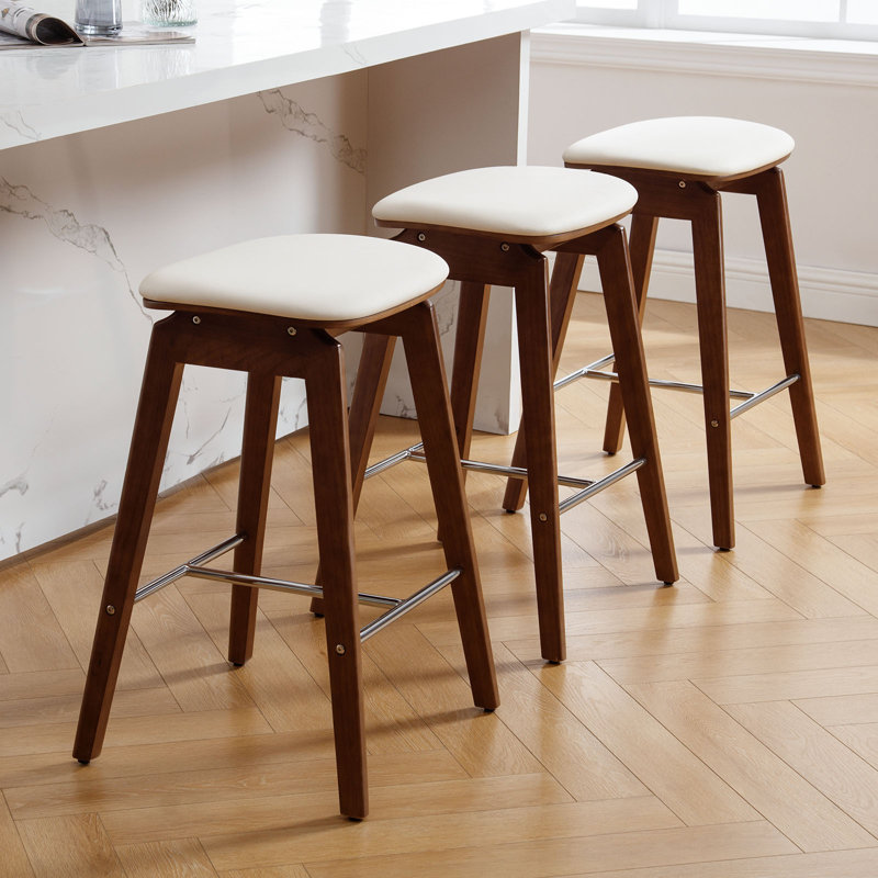 26" Solid Wood Backless Bar Stools, Set of 3 Saddle Counter Height Barstools, Brown, 3