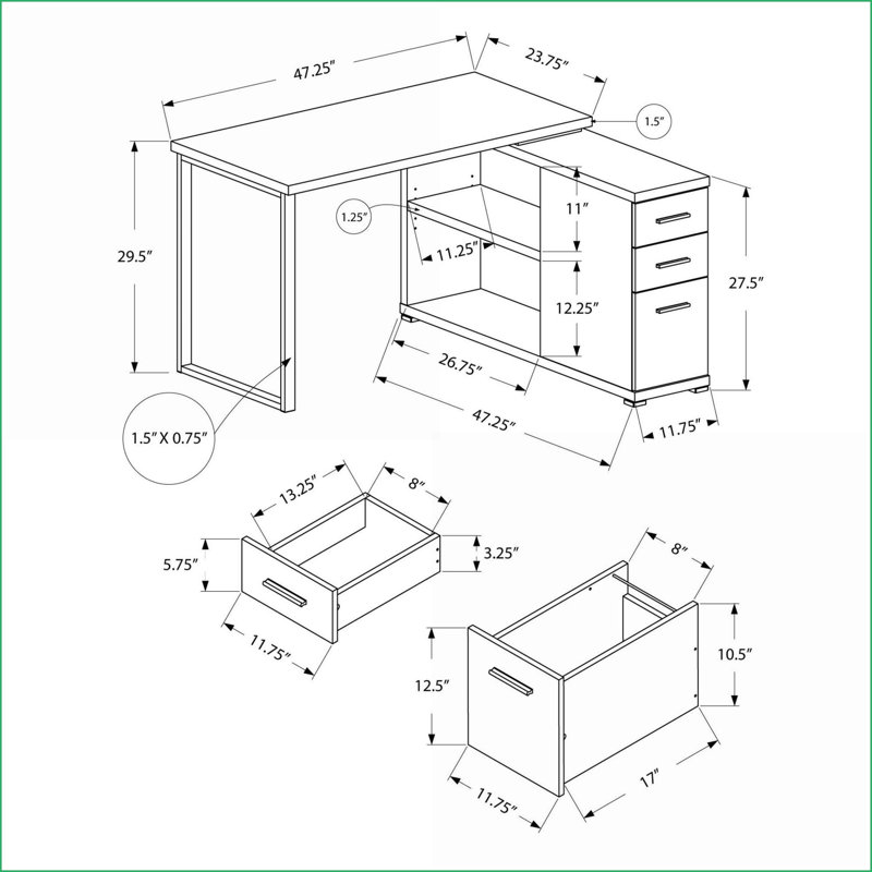 Bureaux, bureau d'ordinateur moderne en L avec configuration gauche / droite, tiroirs de rangement, tablette réglable, stratifié brun taupe, métal gris | Taupe | Panneau de particules