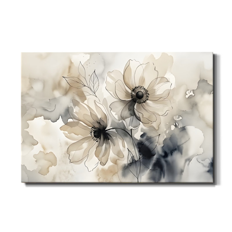 Tableau abstrait floral moderne Zen Ink Blossom sur toile, 61 x 91 cm, impression sur châssis, gris encre et rose, décoration murale zen pour salon, bureau et entrée