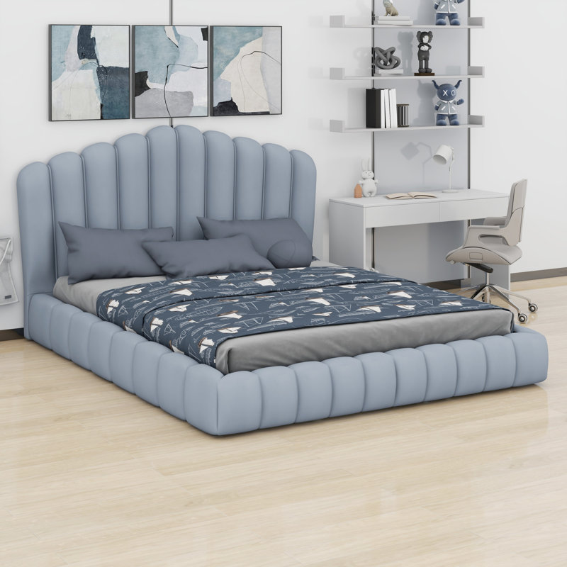 Tête de lit tapissier avec cadre de lit et tête de lit, Bleu clair