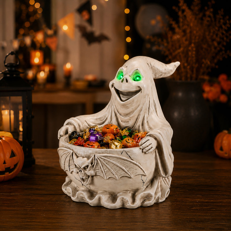 Figurine fantôme d'Halloween pour bol de rangement, 22 cm, résine, 1 pièce, bonbonnière, verte, lumières DEL intégrées