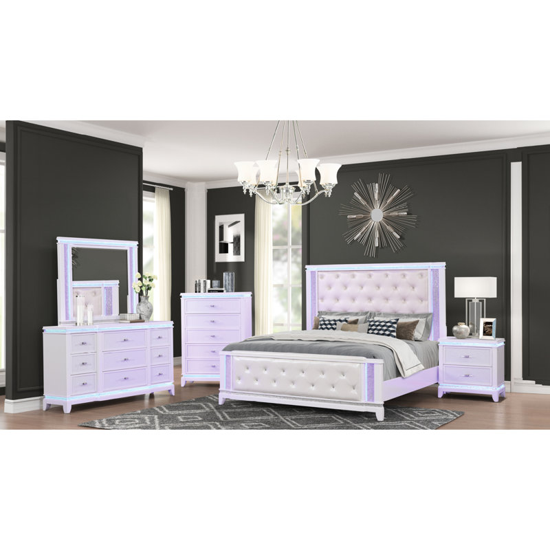 Queen Bed In Milky White With Crystal Like Perplex, Modern Headboard And Lighted Feature For Bedroom Vivacity,