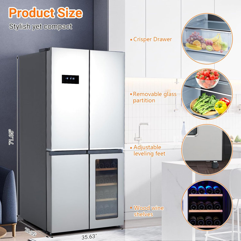 4 Door French Door Refrigerator, 21 Cu.Ft Counter Depth Stainless Steel Refrigerators, Multifunctional Fridges with Freezer, Refresh, and Wine Cooler for Kitchen, Bedroom, Office, Dorm