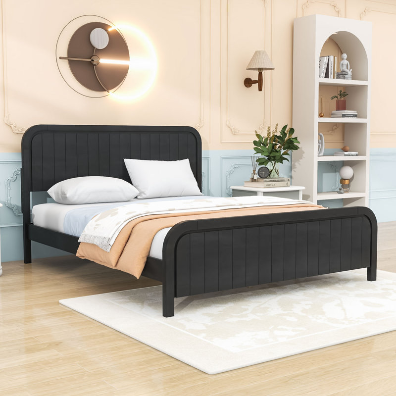Lit plateforme en bois avec tête de lit, Black, Queen