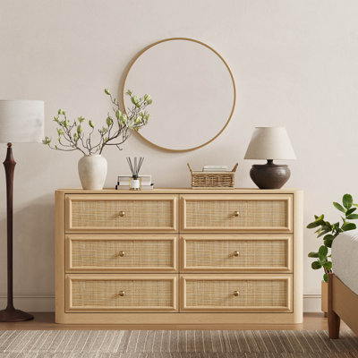 55" Rattan 6-Drawer Dresser, Boho Wood Storage Chest with Woven Drawer Fronts