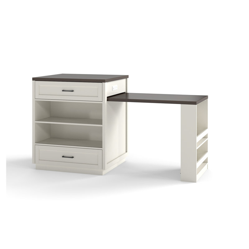 83.1" Extendable Kitchen Island with Slide-Out Dining Table, Creamy White MDF and Glass Console