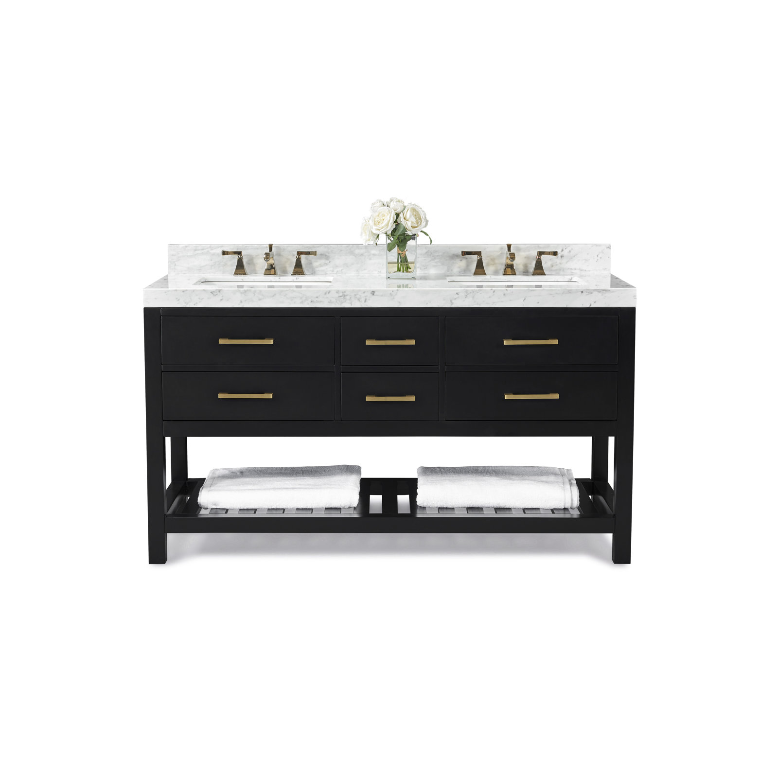 Carrie 60'' Double Bathroom Vanity, Black Onyx/Brushed Gold, Carrara White Marble