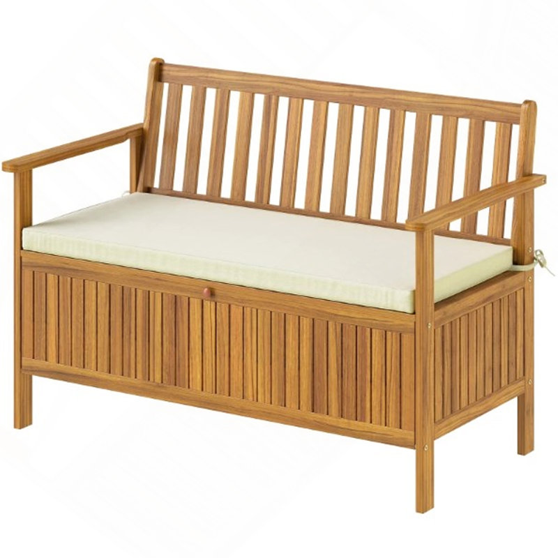 Banc en bois, banc d'extérieur avec espace de rangement, banc de jardin avec coussin