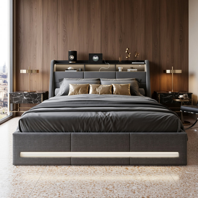 EU Double & King Ottoman Storage Bed With Dual LED Lights, Upholstered Bed Frame With Charging Port, Grey Linen