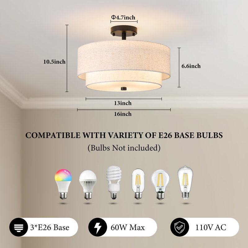 Double Drum Black Flush Mount Ceiling Light for Living Room Bedroom Dining Room Kitchen, Matte Black