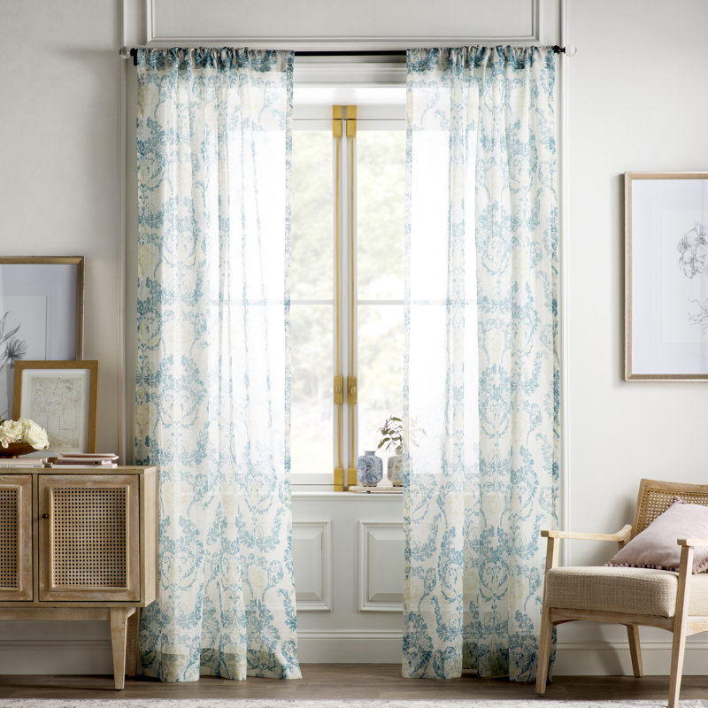 Damask Sheer Single Curtain Panel, 50" W x 84" L, Terrace Teal