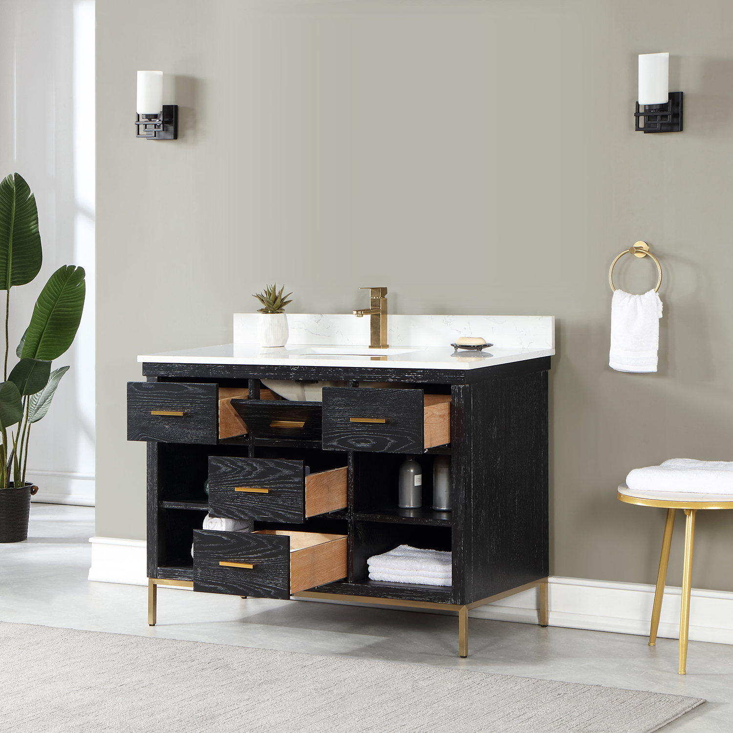 Kesia 48'' Single Bathroom Vanity, Black, Gold