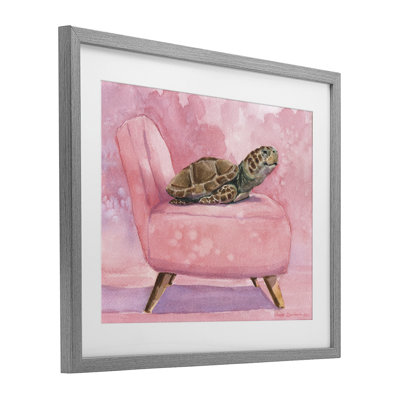 «Happy Turtle on Pink Chair», reproduction encadrée sous verre, conception de George Dyachenko