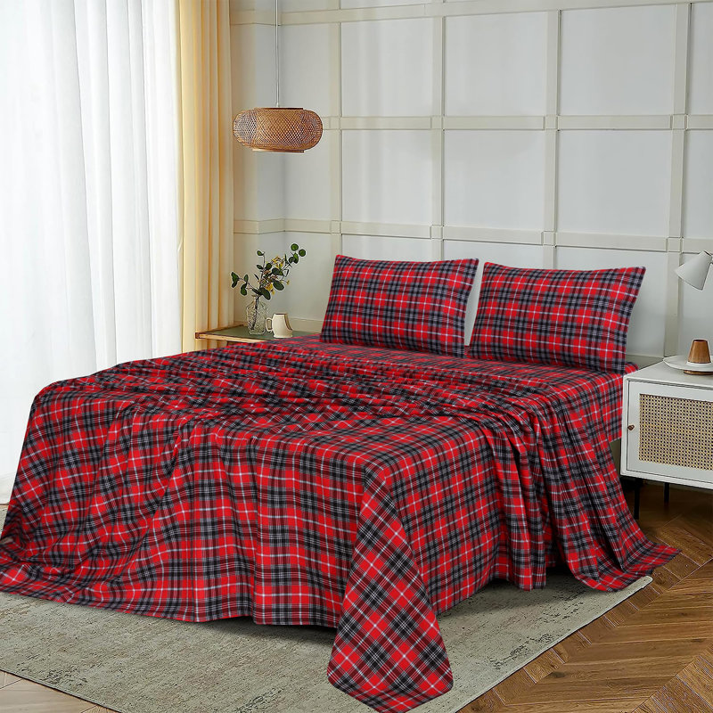 Queen Red Plaid Cotton Flannel Deep Pocket Sheet Set