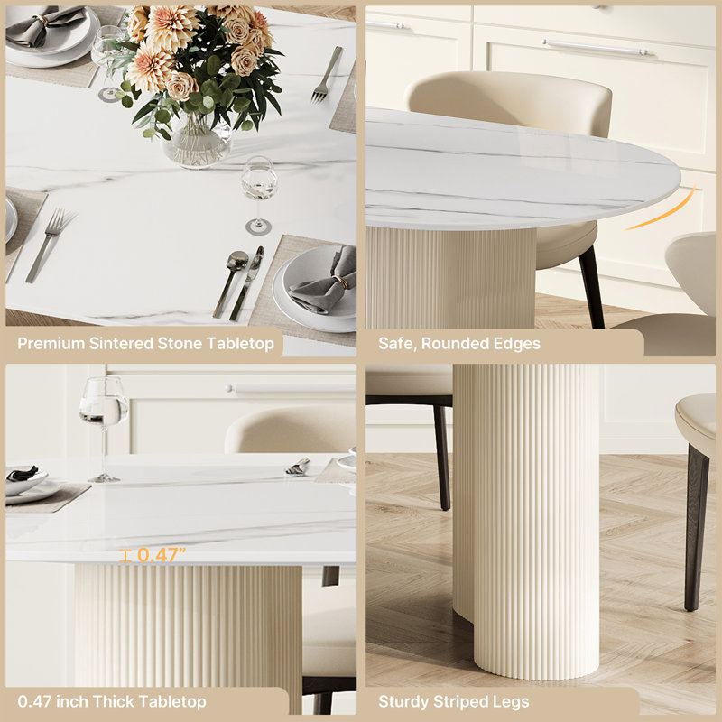 Table de salle à manger moderne 71 "ovale en faux marbre 4-6 personnes, double colonne romaine avec pieds bruns et table de salle à manger moderne minimaliste