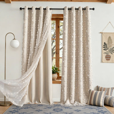Boho Curtains For Living Room, Blackout Bohemian Curtains Set Of 2 With Pom Pom Sheer, Thermal Insulated Rustic Grommet Privacy Room Darkening Window Drapes