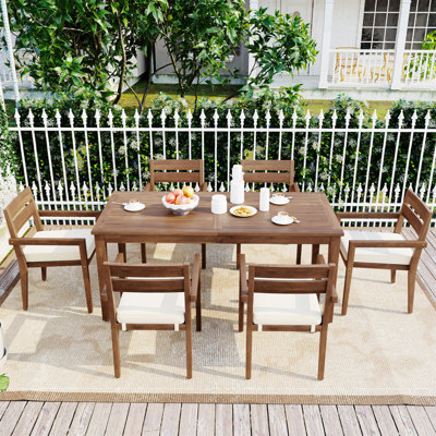 Ensemble de salle à manger d'extérieur en bois d'acacia 7 pièces avec coussins, 6 chaises modernes et 1 grande table U_Style