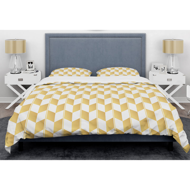 King Gold and White Geometric Microfiber Duvet Cover Set
