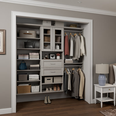 Grey Oak 58.5" Wall-Mounted Single Wall Closet System with 3 Sections, Glass Doors, 2 Clothing Rods, 12 Shelves & 2 Shaker Drawers