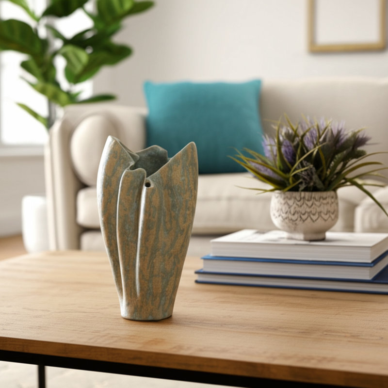Ceramic Decorative Vase with Textured Wavy Design - Modern Home Accent, 11" H x 6" W x 6" D