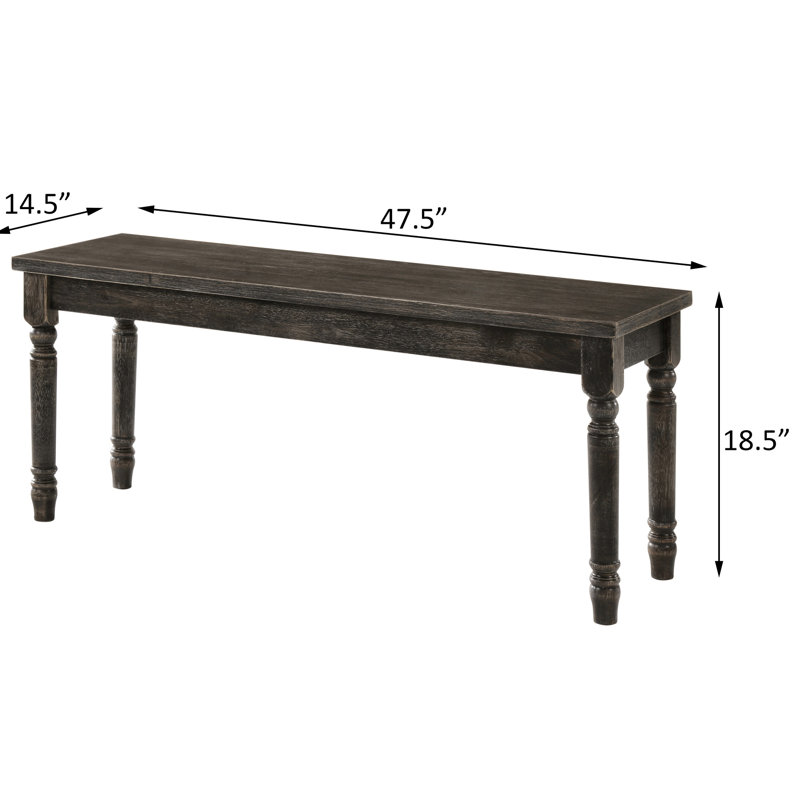 Banc traditionnel en bois gris patiné sans dossier avec pieds tournés, profondeur de 14,5 pouces, convient à un décor de salle à manger, conception classique, qualité rectangulaire intemporelle de 47,5 po de largeur, espaces polyvalents, style rétro
