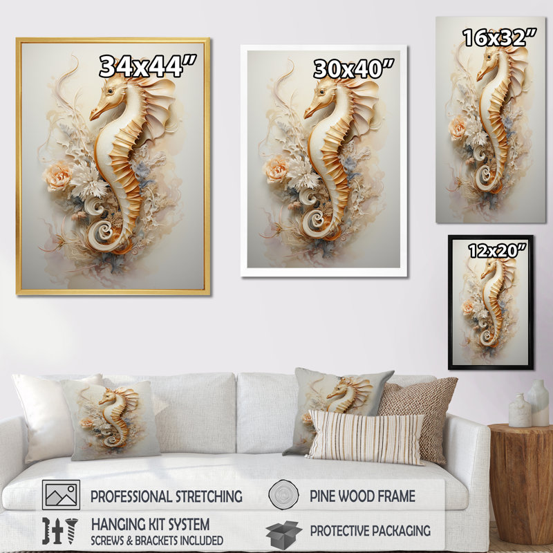 Hippocampe magique beige sur toile, Cadre simple blanc, H 44 po x l 34 po x P 1,5 po
