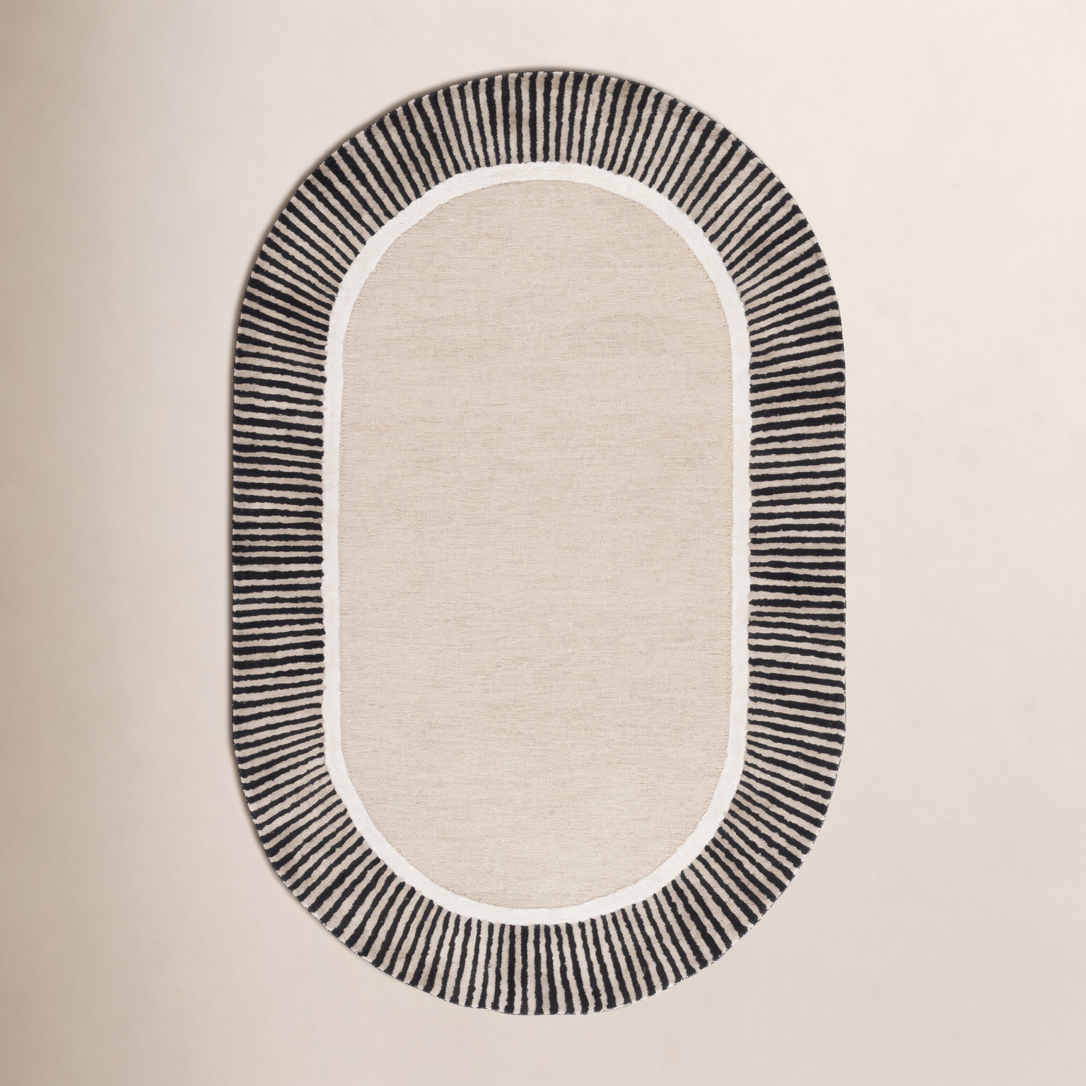 Beige Black Hand-Tufted Striped Wool Rug, Oval 8' x 10'