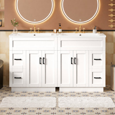Meuble-lavabo de 60 po avec 4 portes d'armoire, 4 tiroirs, 2 tablettes réglables, deux lavabos en résine, des tiroirs cachés à fermeture en douceur et des charnières à fermeture en douceur