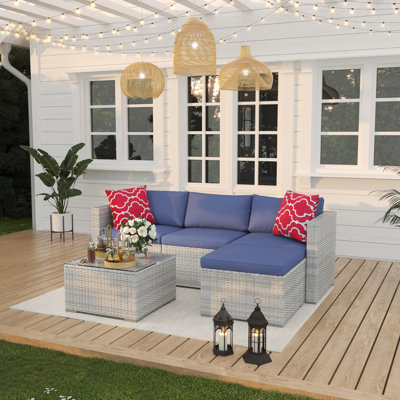 Ensemble de meubles de patio extérieur en L 5 pièces, canapé en rotin PE toutes saisons avec table en verre trempé