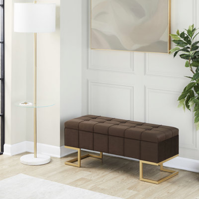 Moderne, doré, velours brun, banc de rangement, conception à boutons, pieds en métal doré, couvercle rabattable, deux places confortablement, utilisation à l'intérieur, banc moderne en velours avec limite de 500 lb avec option de siège double, seulement,