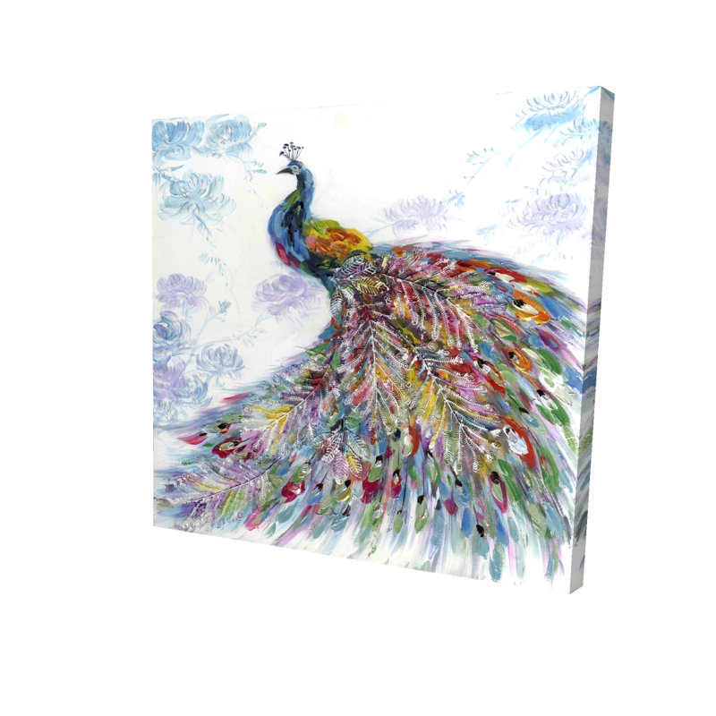 Toile majestueuse paon - œuvre d'art florale bleue