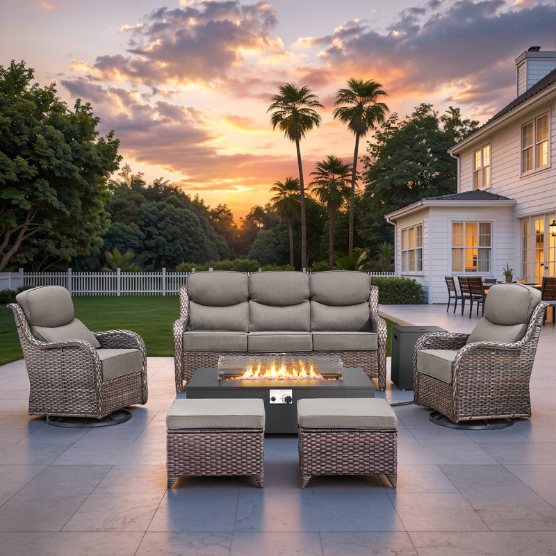 Bruner 6-Piece Wicker Rattan Patio Fire Pit Table Conversation Set With Swivel Gliders And Ottomans