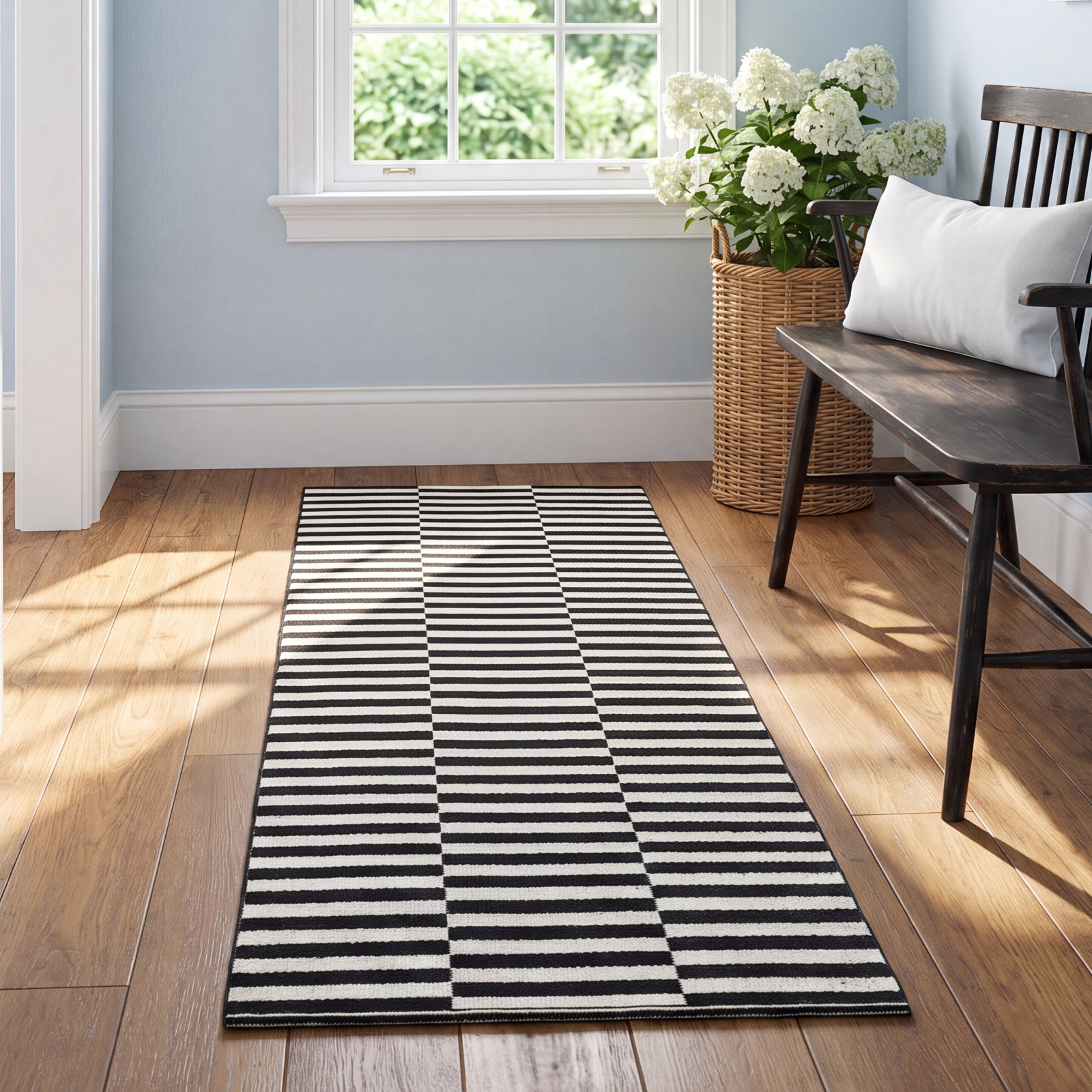 Ilona Ivory Black Striped Cotton Rug, Runner 2'3" x 11'