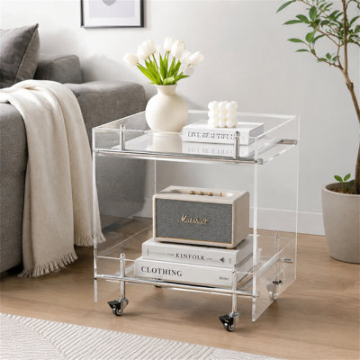 Structure en acier inoxydable, chariot mobile en acrylique transparent, table basse et support de rangement