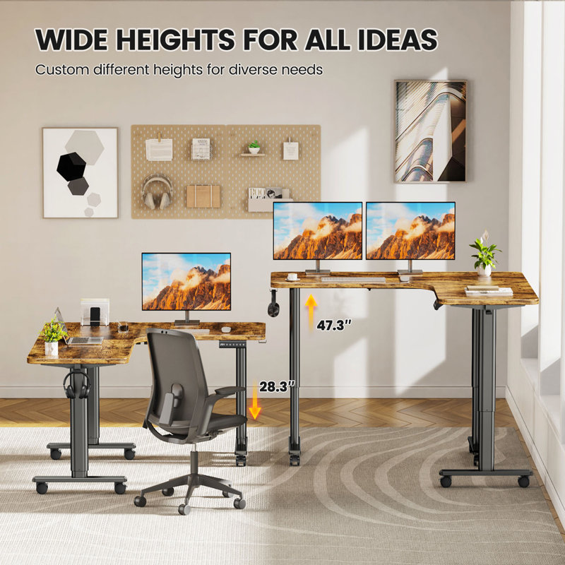 Electric L Shaped Standing Desk Adjustable Height, 63" X 55" Home Office Desk, Brown/Black