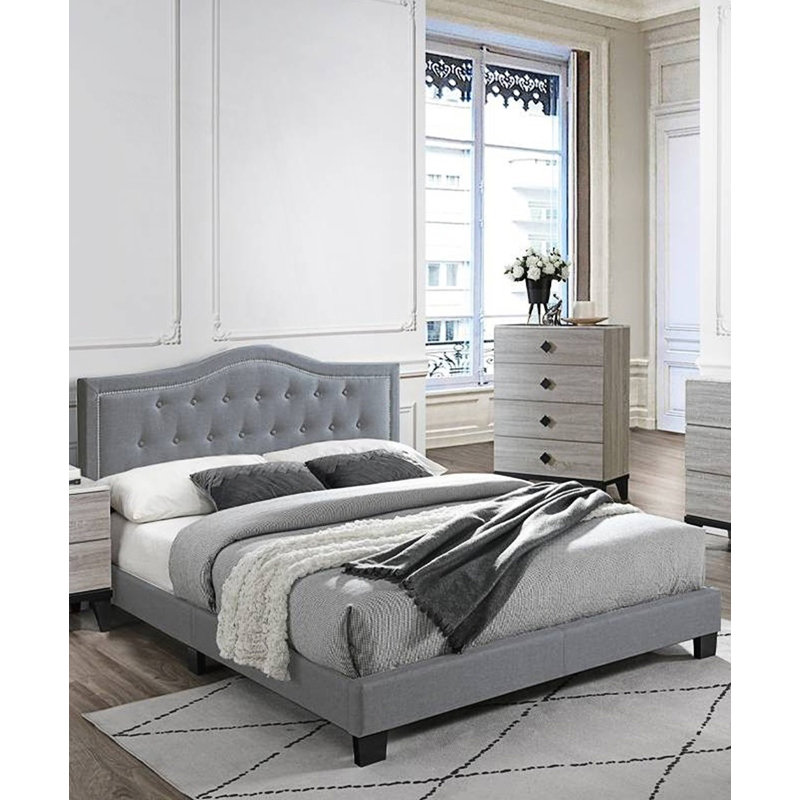 Grand lit 1 pièce avec tête de lit capitonnée European Design, Gris, Grand lit